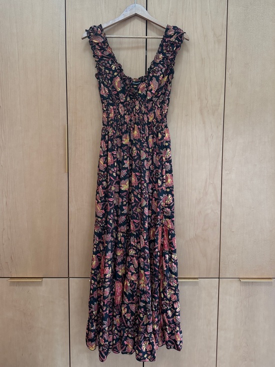 Kohinoor Dresses & Skirts - Smocked Floral Maxi Dress in Black with Pink & Gold Accents
